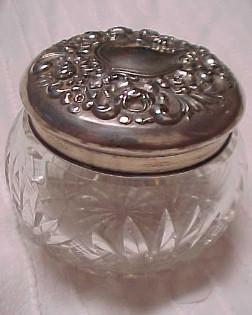 DRESSER Jar Cut Glass Sterling Lid / Puff - Silver