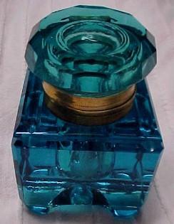 Footed Cut Glass Detailed Blue Inkwell - Glass