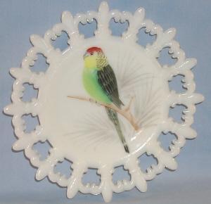 Pretty WESTMORELAND Opaque Glass Hand Painted Red/Green Parakeet Decorative Plate