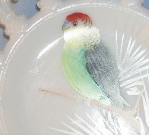 Pretty WESTMORELAND Opaque Glass Hand Painted Red/Green Parakeet Decorative Plate