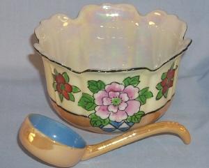 Beautiful Hand Painted Lustreware Porcelain Mayonaise Bowl with Matching Ladle