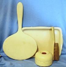 old vintage 4pc Dresser Set - French Ivory with Hair Receiver - Celluloid Vanity Set