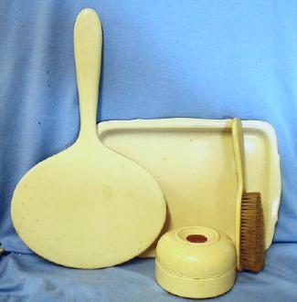 old vintage 4pc Dresser Set - French Ivory with Hair Receiver - Celluloid Vanity Set