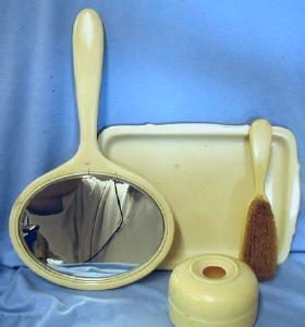 old vintage 4pc Dresser Set - French Ivory with Hair Receiver - Celluloid Vanity Set