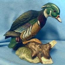 old Lefton WOOD DUCK on tree stump - Vintage Bisque China - pottery