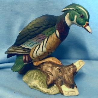 old Lefton WOOD DUCK on tree stump - Vintage Bisque China - pottery
