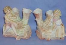 BOY & GIRL ON LOG Bisque Porcelain Bud Vases