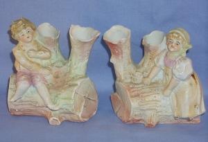 BOY & GIRL ON LOG Bisque Porcelain Bud Vases
