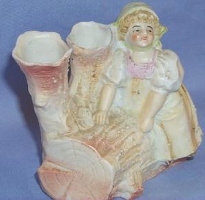 BOY & GIRL ON LOG Bisque Porcelain Bud Vases