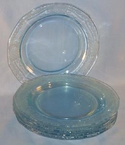 Six Depression Glass Azure Blue FOSTORIA June Salad Plates