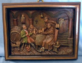 old vintage German Ivorex Wax Plaque - Monks & Innkeeper
