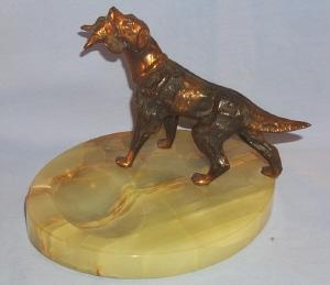 Copper Finished IRISH SETTER Retrieving Pheasant Marble Ashtray - Tobacciana