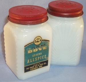 Six Piece THE SPICE SET Milk Glass DOVE Spice Set