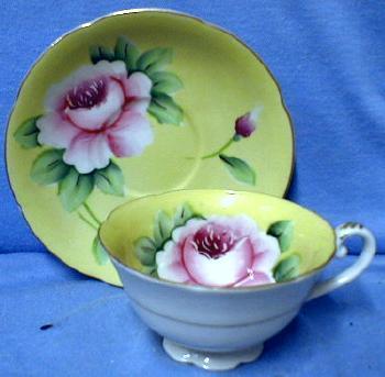 Yellow with Rich Pink Flower - Porcelain Pottery Cup and Saucer