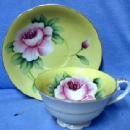 Yellow with Rich Pink Flower - Porcelain Pottery Cup and Saucer