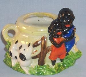 Black Americana Porcelain CHILDREN & DOG Match Holder / Planter - Ethnographic