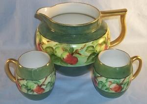 LIMOGES Signed Porcelain Lemonade Pitcher with 2 Matching Cups