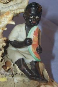 Bisque BLACK BOY WITH WATERMELON On SeaShell Figural Image - Ethnographic