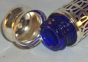 COBALT Glass Salt and Pepper Shakers in Chromed Metal Holders