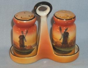 NORITAKE Porcelain WINDMILL Salt and Pepper Shakers on Tray