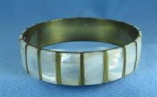Jewelry MOP & Brass Bangle Bracelet - Vintage Costume jewelry