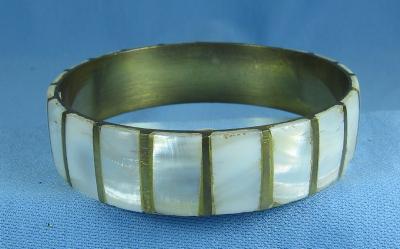 Jewelry MOP & Brass Bangle Bracelet - Vintage Costume jewelry