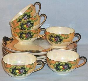 Exceptional NORITAKE 6 Place Setting Hand Painted Mother of Pearl Porcelain Refreshment Sets