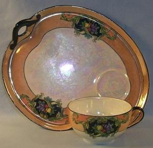Exceptional NORITAKE 6 Place Setting Hand Painted Mother of Pearl Porcelain Refreshment Sets
