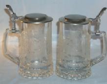 Pair of Etched Pheasant and Elk German Glass Drinking Mugs