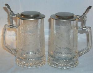 Pair of Etched Pheasant and Elk German Glass Drinking Mugs