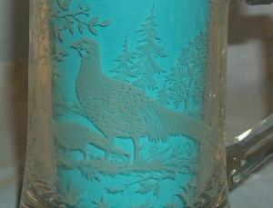 Pair of Etched Pheasant and Elk German Glass Drinking Mugs