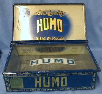 Tobacco HUMO Cigar Box with Glass Lid - Detroit Michigan Tin Cigar Display Box - Tobacciana