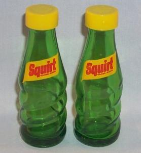 SQUIRT Advertising Green Glass Bottle Salt and Pepper Shakers