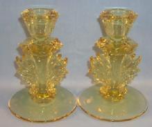 FOSTORIA Yellow BAROQUE Depression Glass Candlesticks