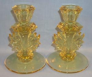 FOSTORIA Yellow BAROQUE Depression Glass Candlesticks