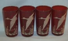 Four Red CRANE Design Water Glasses