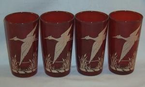 Four Red CRANE Design Water Glasses