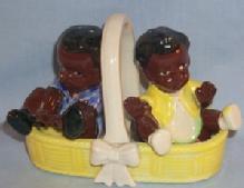 Black Americana BOY AND GIRL IN BASKET Porcelain Salt & Pepper Set - Ethnographic
