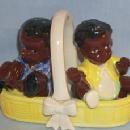 Black Americana BOY AND GIRL IN BASKET Porcelain Salt & Pepper Set - Ethnographic