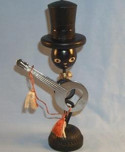 Decorative Black Americana BANJO Bottle Opener Holder Wood and Metal Figurine - Ethnographic