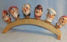 Set of Six German Head Figures Liquor Pouring Spouts with Wood Storage Rack