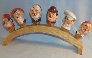 Set of Six German Head Figures Liquor Pouring Spouts with Wood Storage Rack