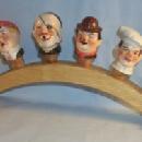 Set of Six German Head Figures Liquor Pouring Spouts with Wood Storage Rack