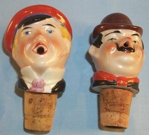 Set of Six German Head Figures Liquor Pouring Spouts with Wood Storage Rack