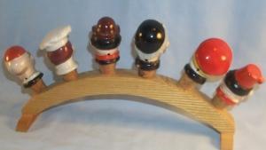 Set of Six German Head Figures Liquor Pouring Spouts with Wood Storage Rack