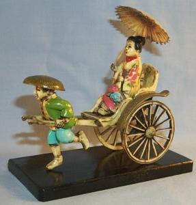 Hand Painted Ornate CHINESE RICKSHAW Figurine on Wooden Base in Box - Ethnographic