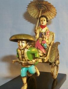 Hand Painted Ornate CHINESE RICKSHAW Figurine on Wooden Base in Box - Ethnographic