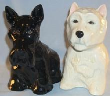 Very Nice BLACK AND WHITE SCOTCH Advertising Porcelain Black Scottish Terrier and White Highland Terrier Dog Figurines