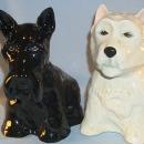 Very Nice BLACK AND WHITE SCOTCH Advertising Porcelain Black Scottish Terrier and White Highland Terrier Dog Figurines
