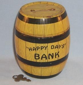 Yellow Chein HAPPY DAYS BANK Tin Toy Barrel Bank - Metalware